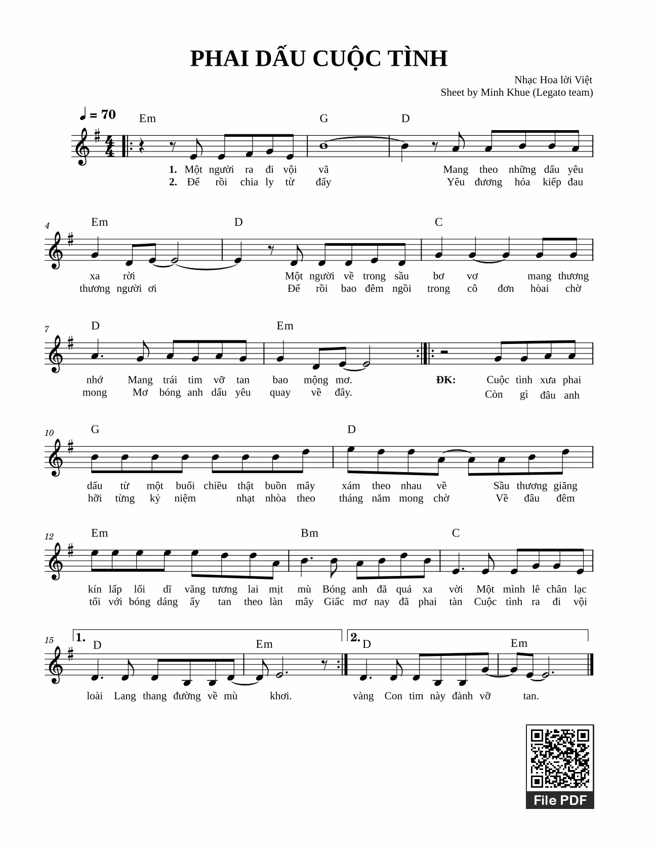 Bản nhạc piano bài Phai Dấu Cuộc Tình