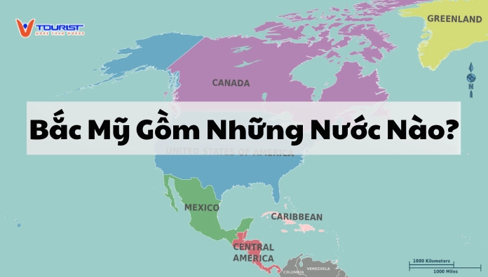 Bản đồ Bắc Mỹ với các quốc gia được đánh dấu