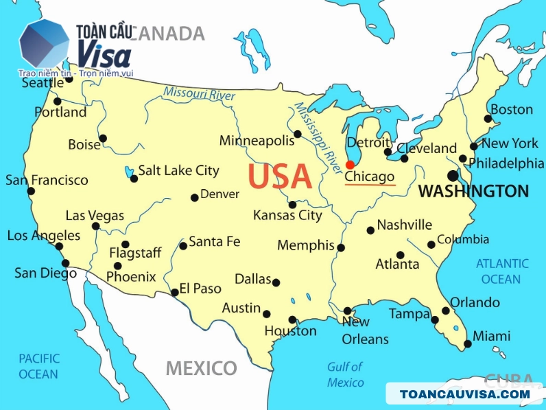 Bản đồ thế giới chỉ rõ vị trí của Chicago tại Hoa Kỳ