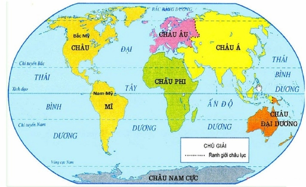 Bản đồ thế giới với các châu lục được đánh dấu