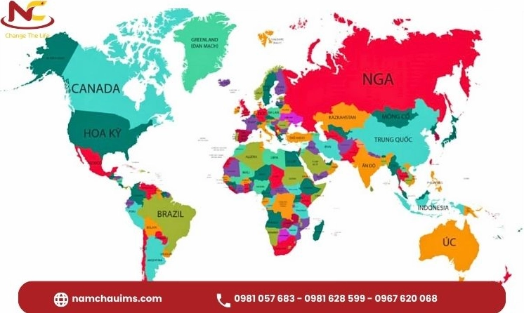 Bản đồ thế giới với vị trí của Úc