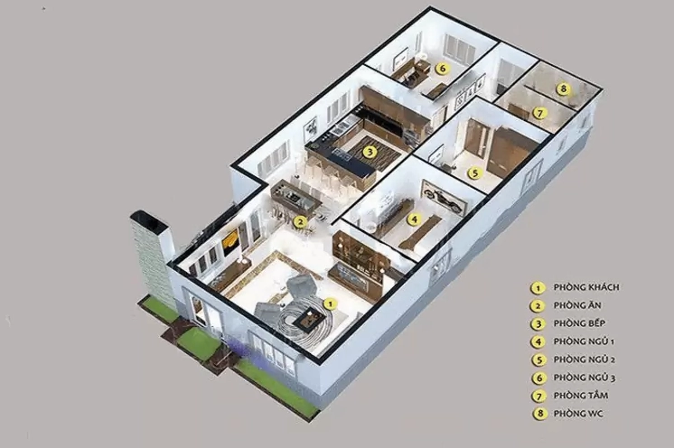Bản vẽ nhà cấp 4 5x20 mái bằng hiện đại với 3 phòng ngủ
