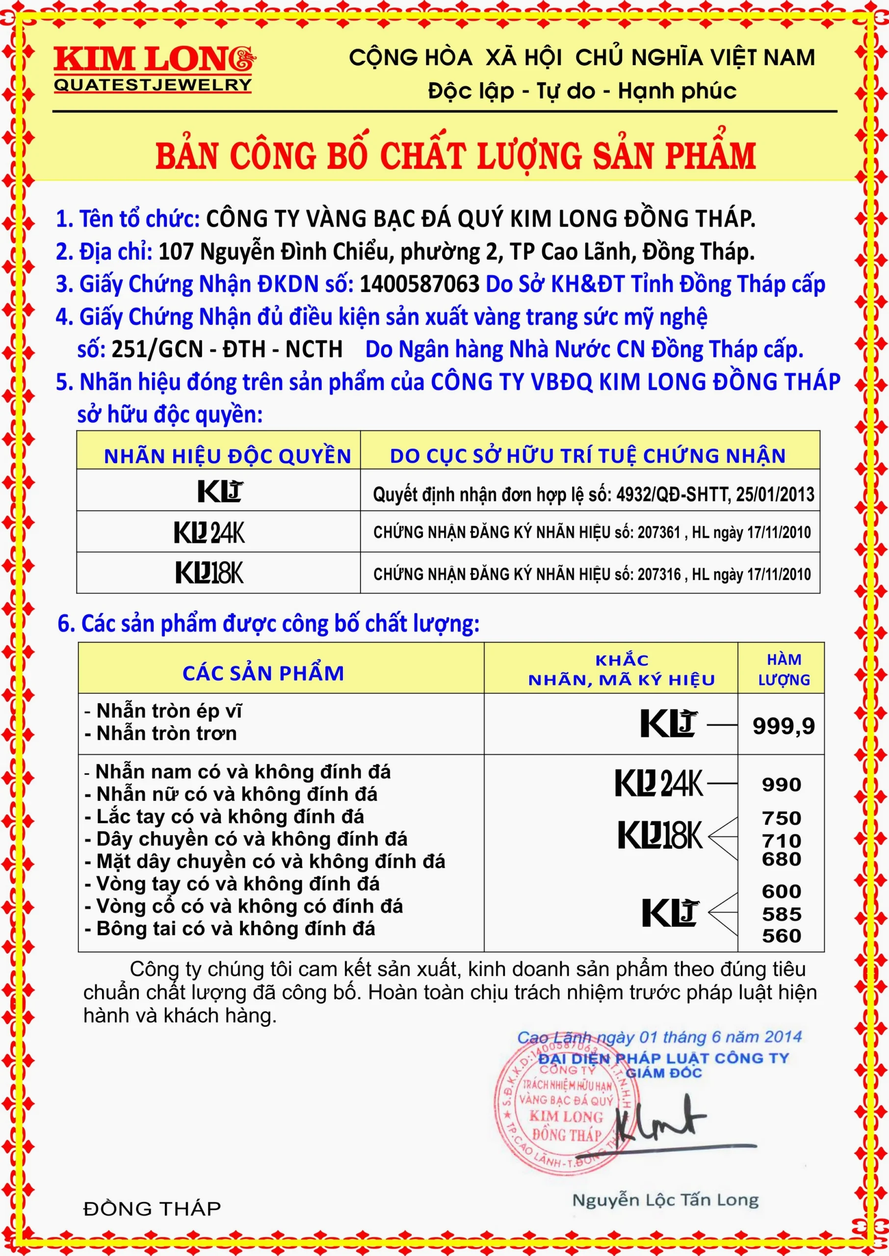 Bảng công bố chất lượng sản phẩm vàng