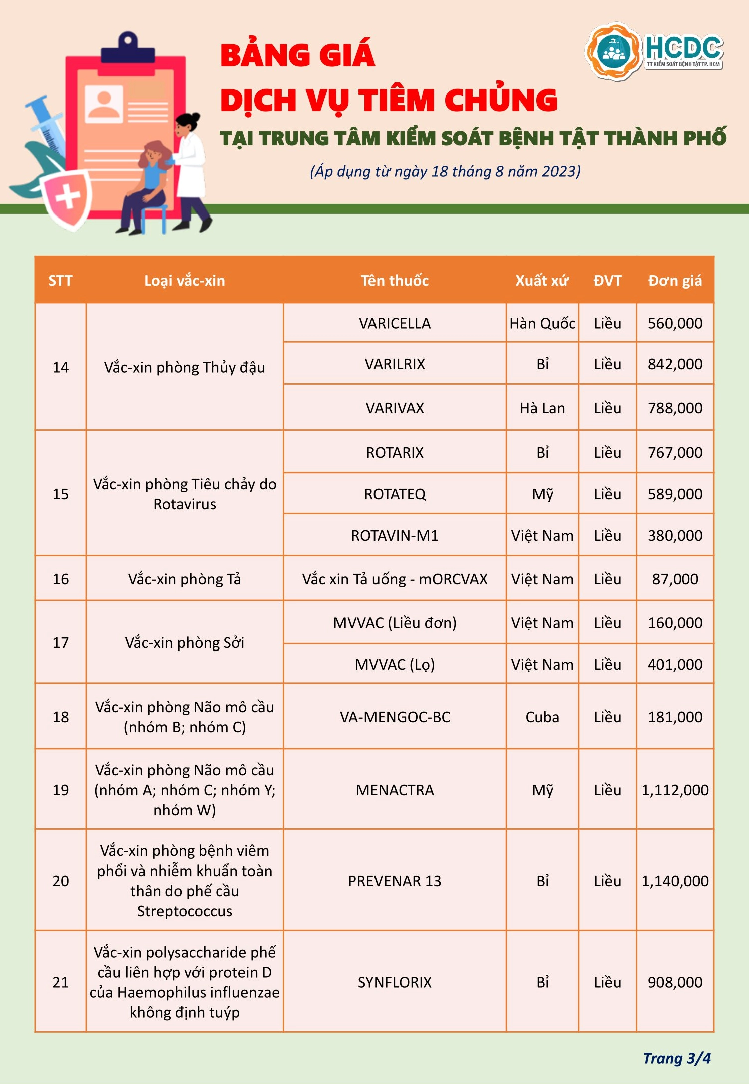 Bảng giá dịch vụ tiêm chủng