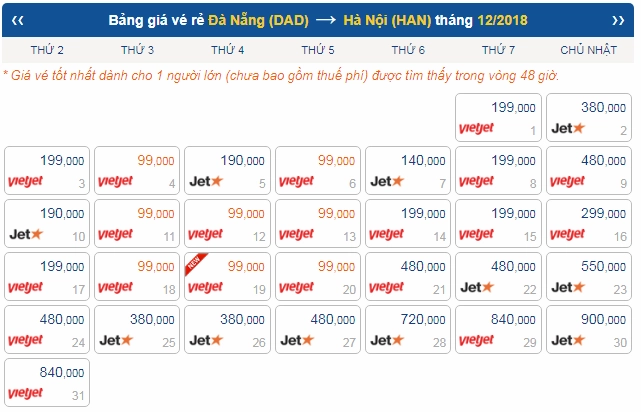 Bảng giá vé máy bay Đà Nẵng Hà Nội
