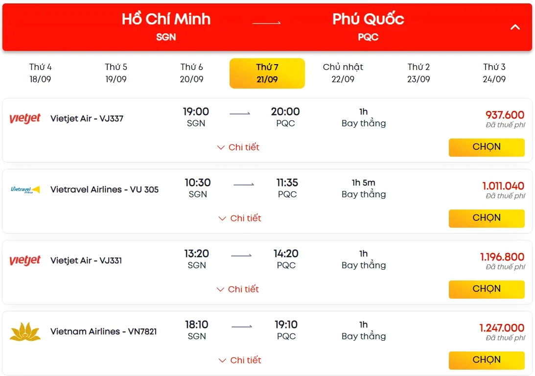 Bảng giá vé máy bay đi Phú Quốc