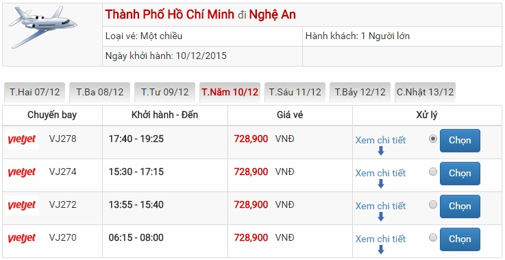 Bảng giá vé máy bay Vinh Sài Gòn
