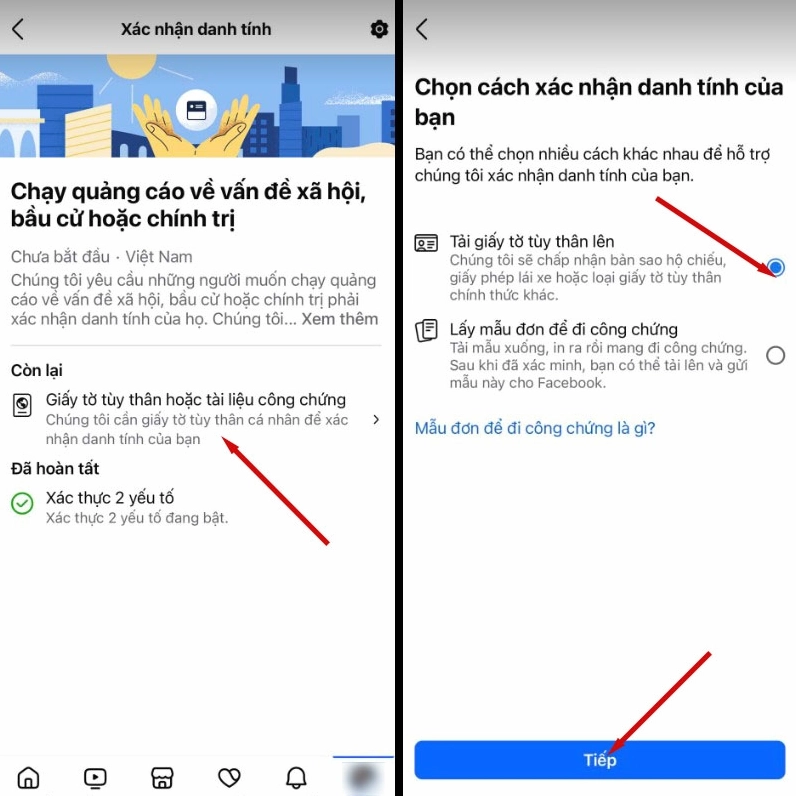 Biểu tượng Facebook và thông báo xác minh danh tính