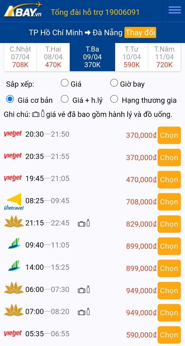Các hãng hàng không khai thác chặng Sài Gòn Đà Nẵng