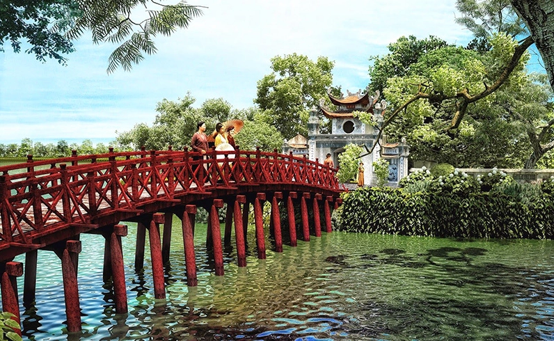Cầu Thê Húc về đêm lung linh ánh đèn