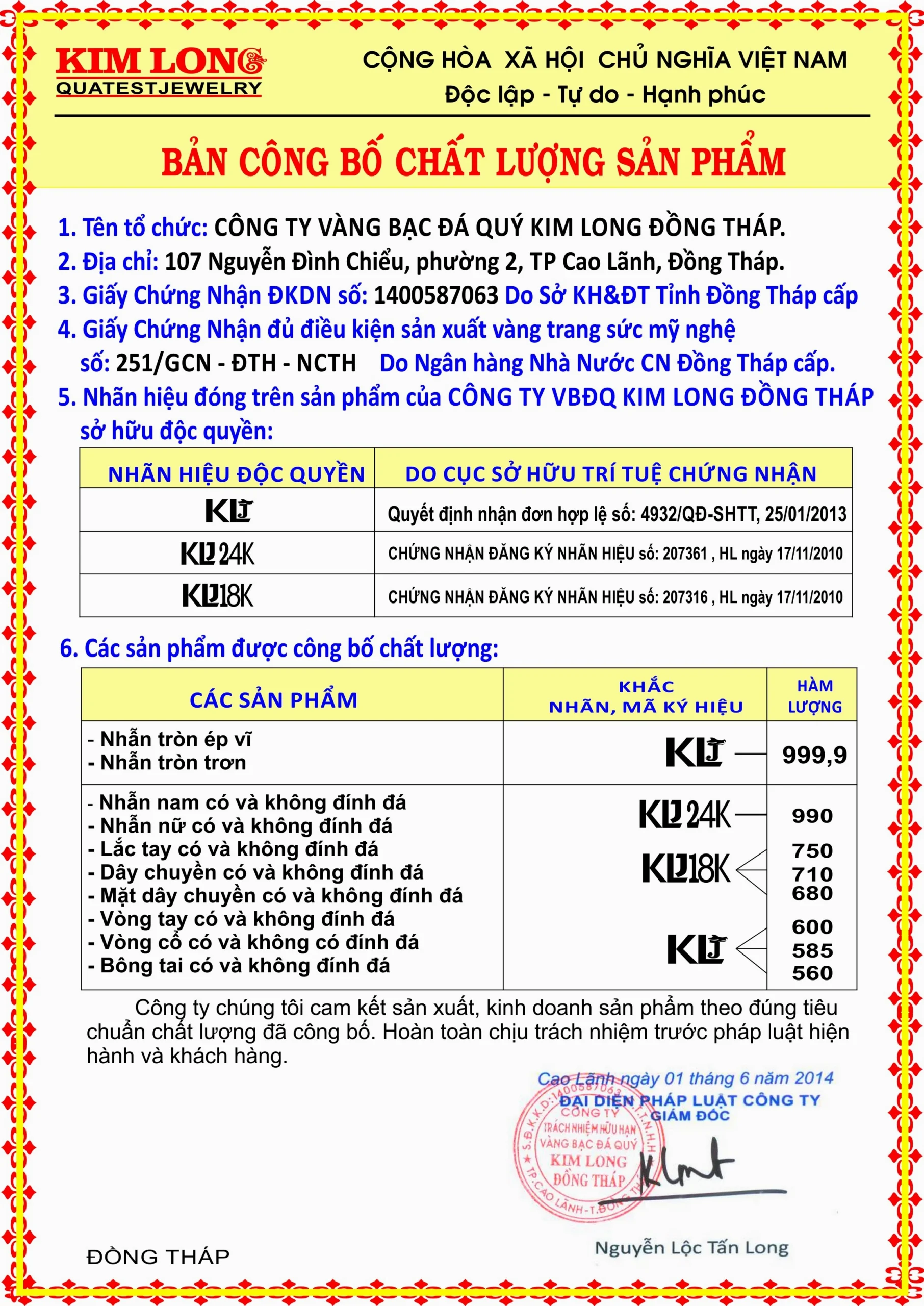 Chứng nhận chất lượng vàng Kim Long Đồng Tháp