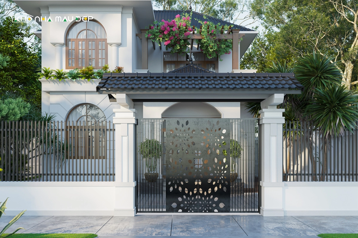 Cổng nhà màu đen với thiết kế hiện đại và sang trọng