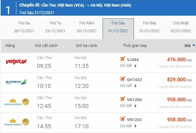 Giá vé máy bay Cần Thơ Hà Nội tham khảo