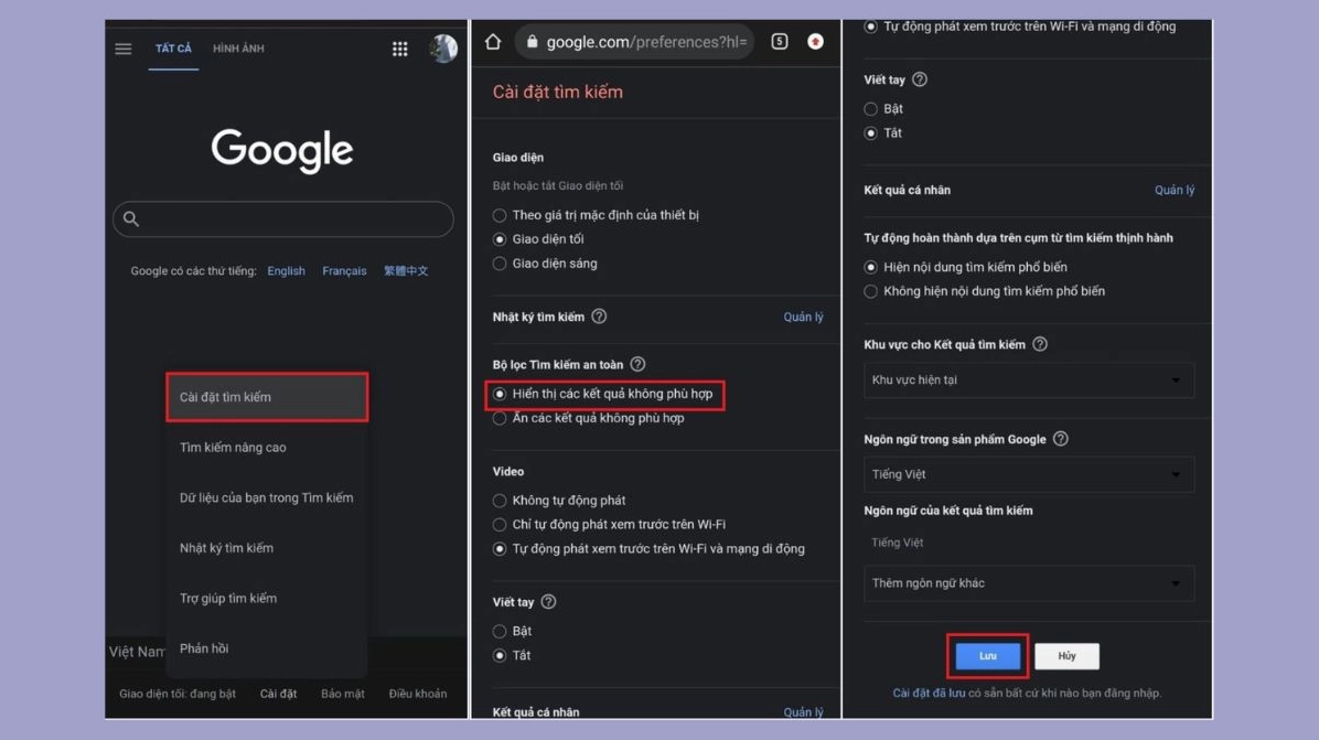 Giao diện cài đặt Tìm Kiếm An Toàn trên Google