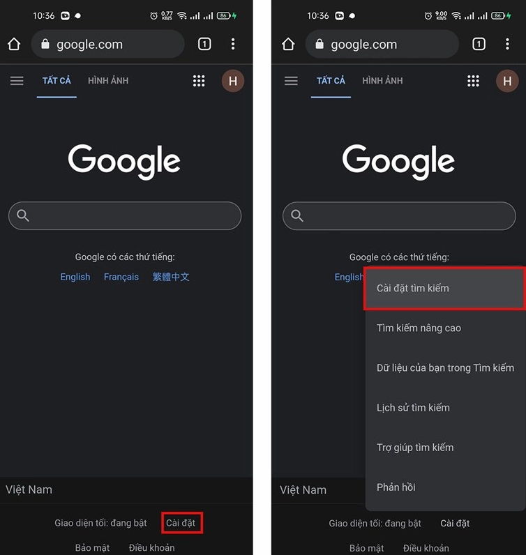 Giao diện người dùng Google với tùy chọn tìm kiếm được tùy chỉnh