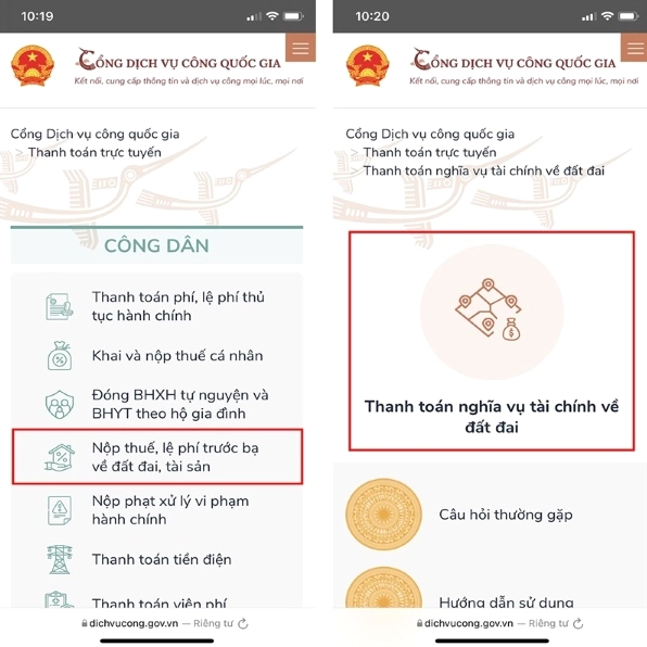 Giao diện tra cứu thuế đất online