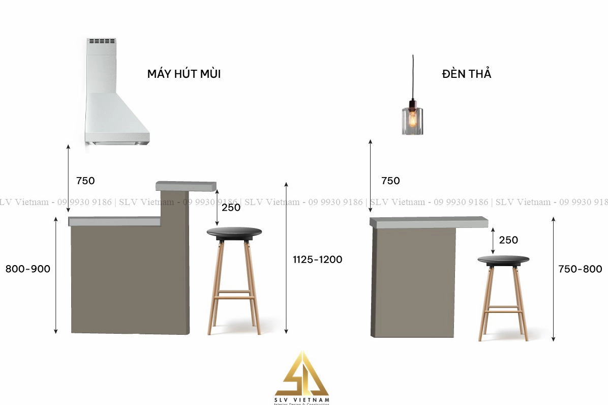 Kích thước quầy bar gia đình phù hợp với bếp