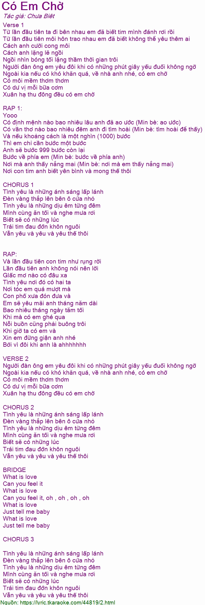 Lời bài hát Có Em Chờ được trình bày trực quan