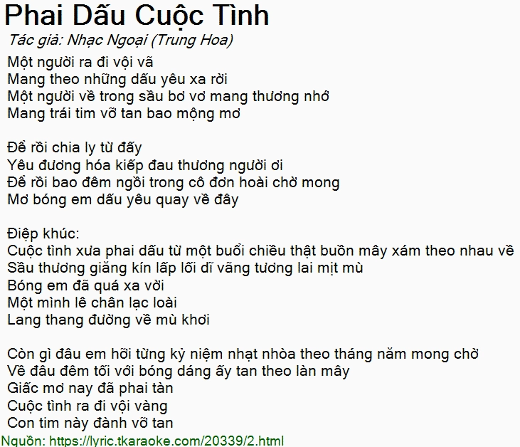 Lời bài hát Phai Dấu Cuộc Tình được hiển thị trên màn hình