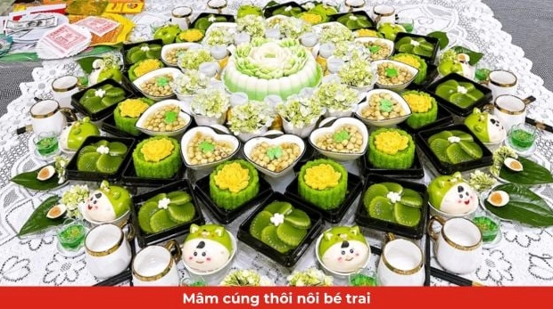 Mâm cúng thôi nôi bé trai thịnh soạn