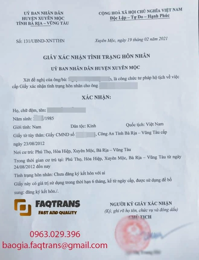 Mẫu giấy xác nhận độc thân mới nhất
