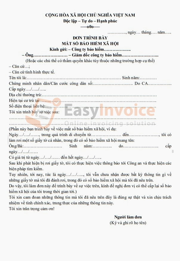 Mẫu đơn trình báo mất sổ BHXH