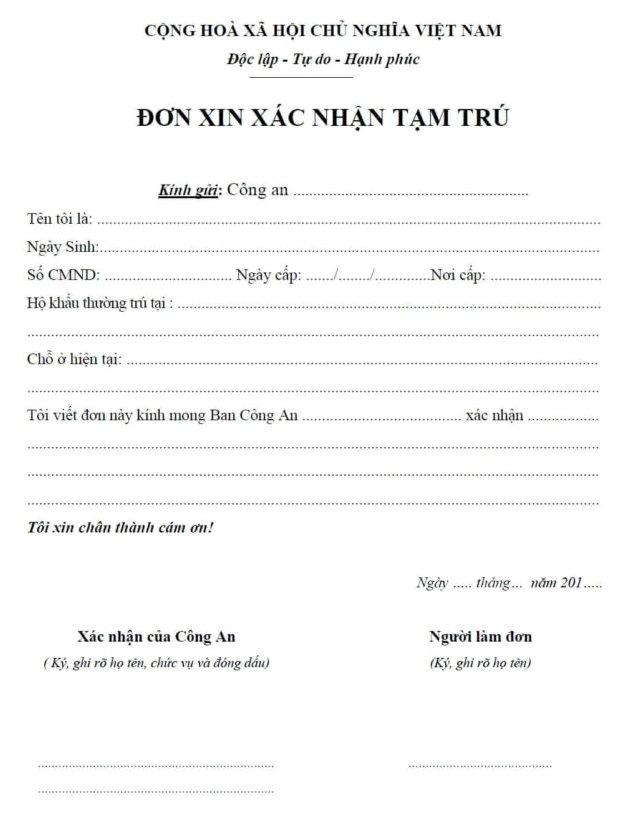 Mẫu đơn xin xác nhận tạm trú viết tay