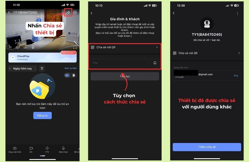 Menu chia sẻ thiết bị trên ứng dụng Ezviz
