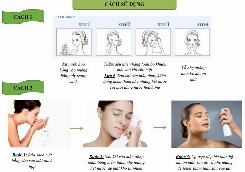 Người phụ nữ đang sử dụng nước hoa hồng lên mặt