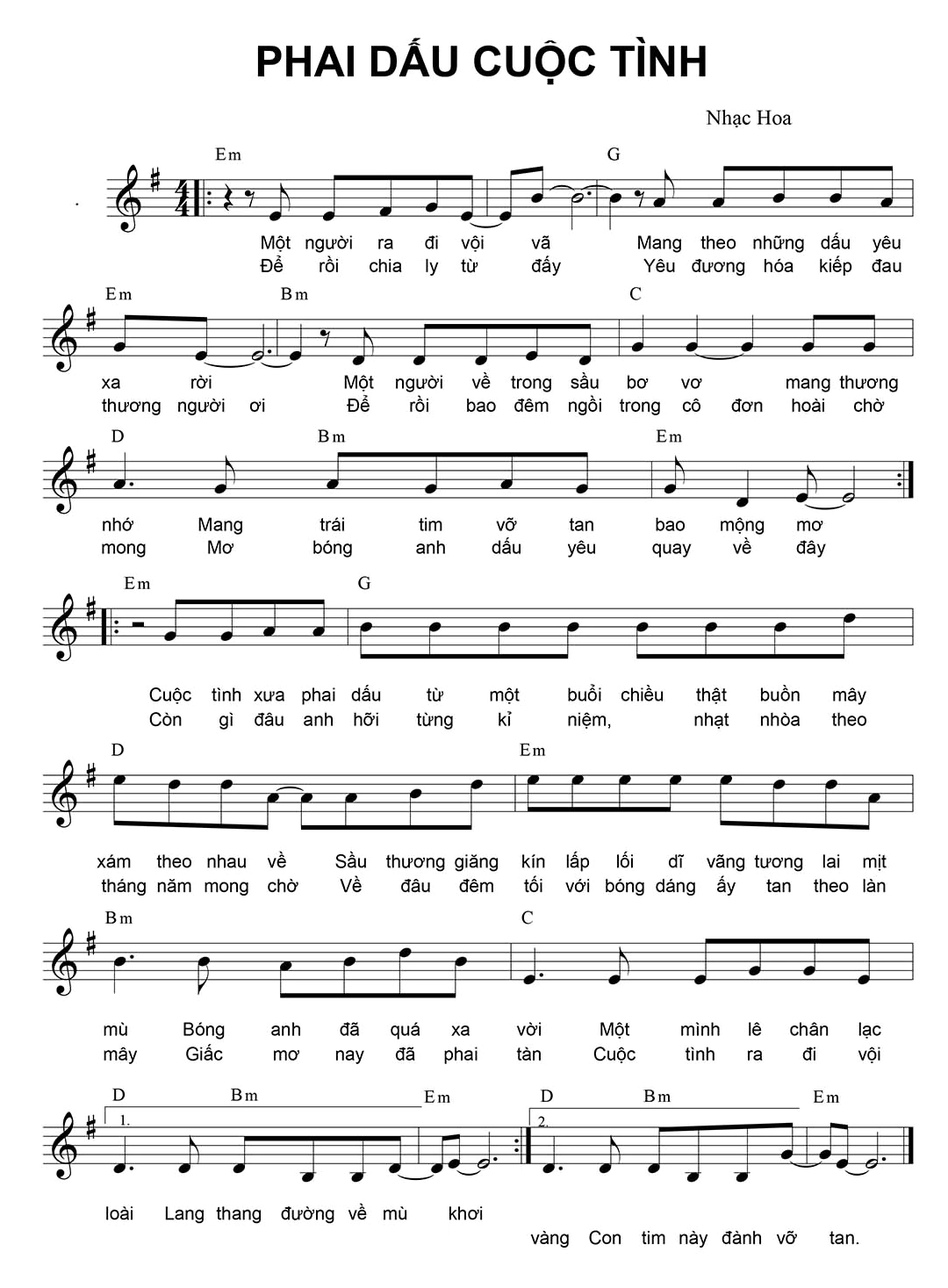 Sheet nhạc bài Phai Dấu Cuộc Tình cho Guitar