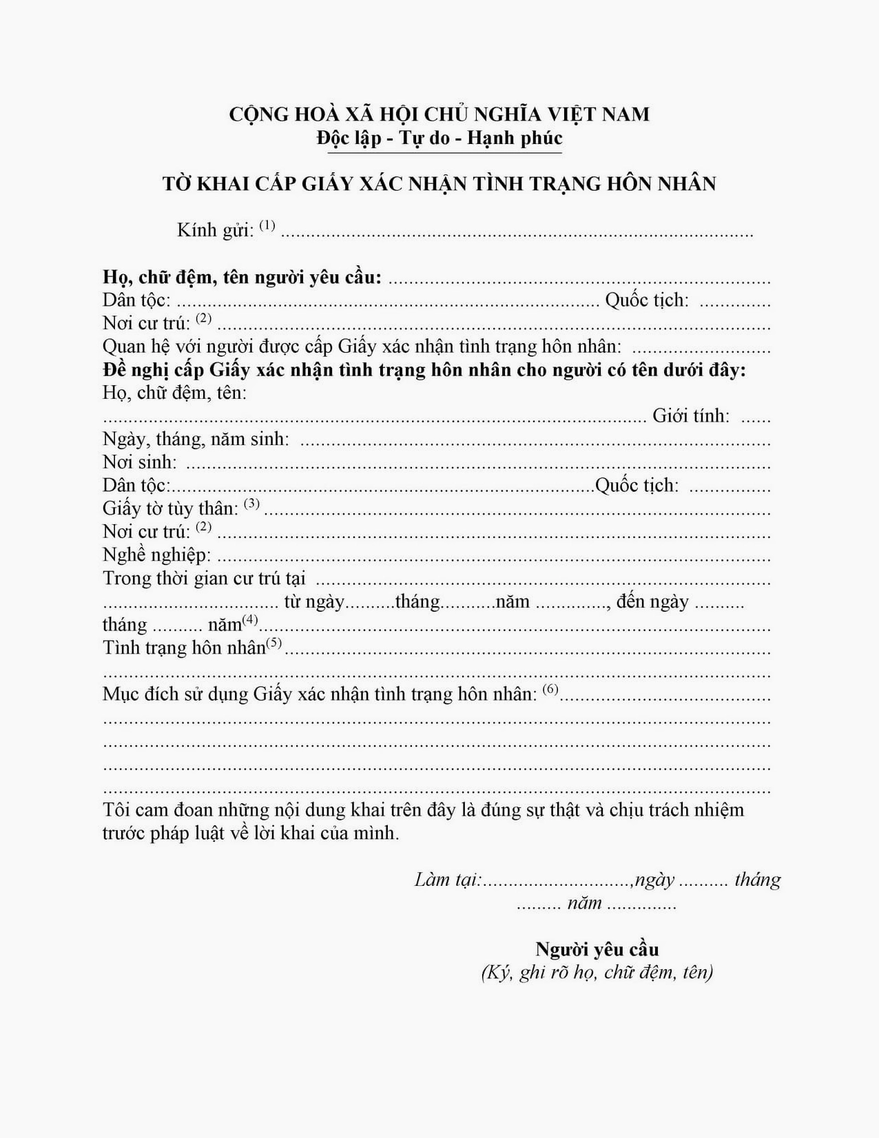 Tờ khai xin giấy xác nhận tình trạng hôn nhân