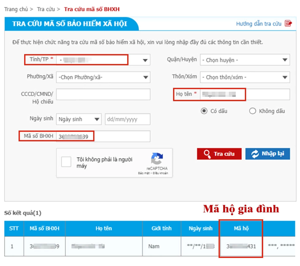 Tra mã số hộ gia đình bằng mã số BHXH