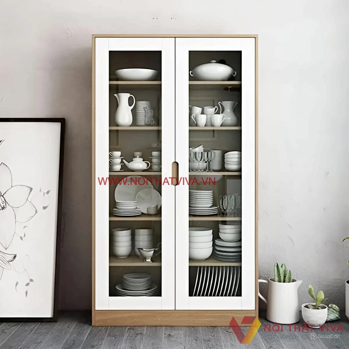 Tủ chén bát bằng gỗ công nghiệp MDF thiết kế hiện đại