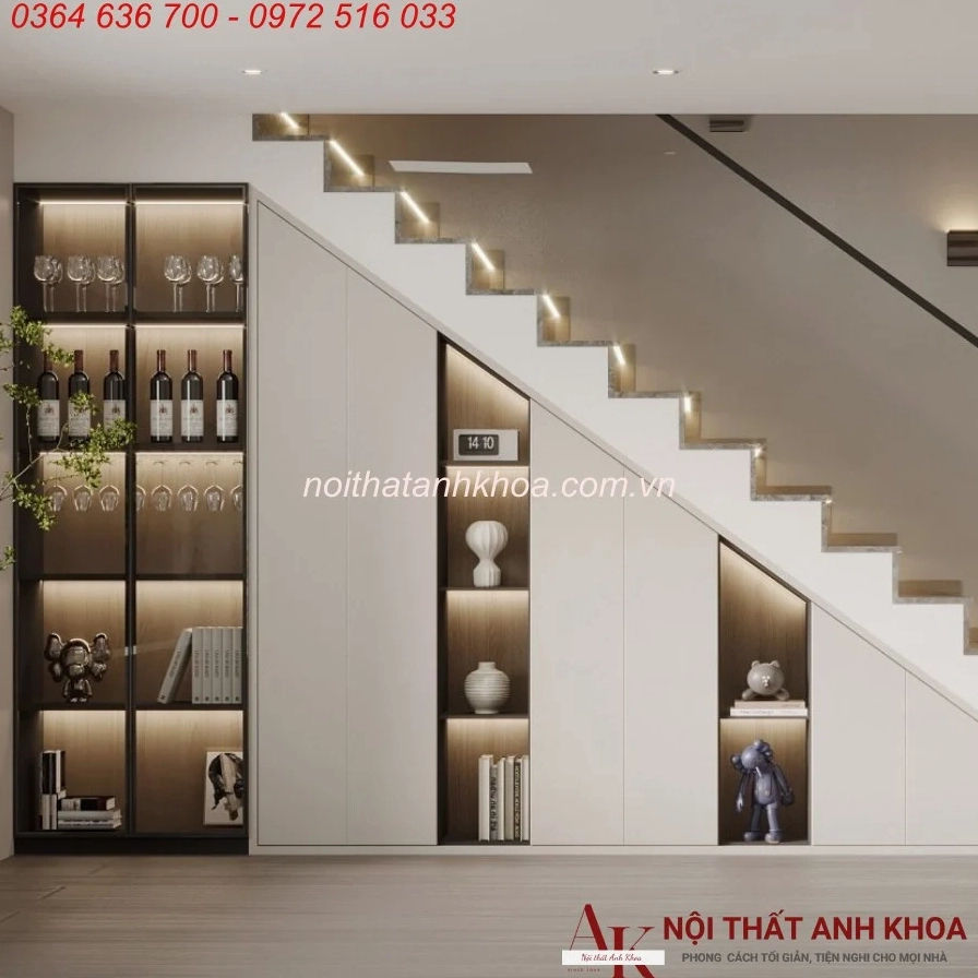 Tủ gầm cầu thang phòng khách kết hợp tủ rượu hiện đại