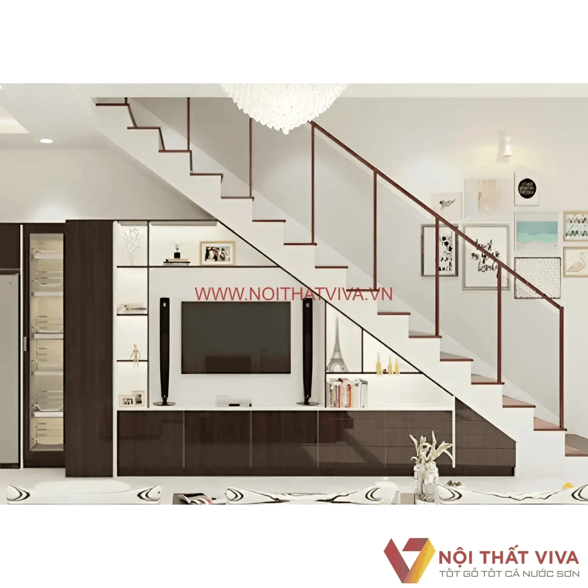 Tủ gầm cầu thang phòng khách kết hợp tủ tivi sang trọng
