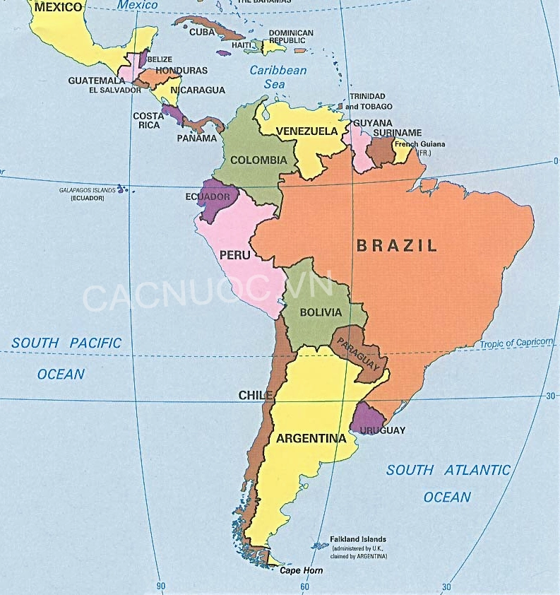 Bản đồ các nước Nam Mỹ, làm nổi bật Colombia
