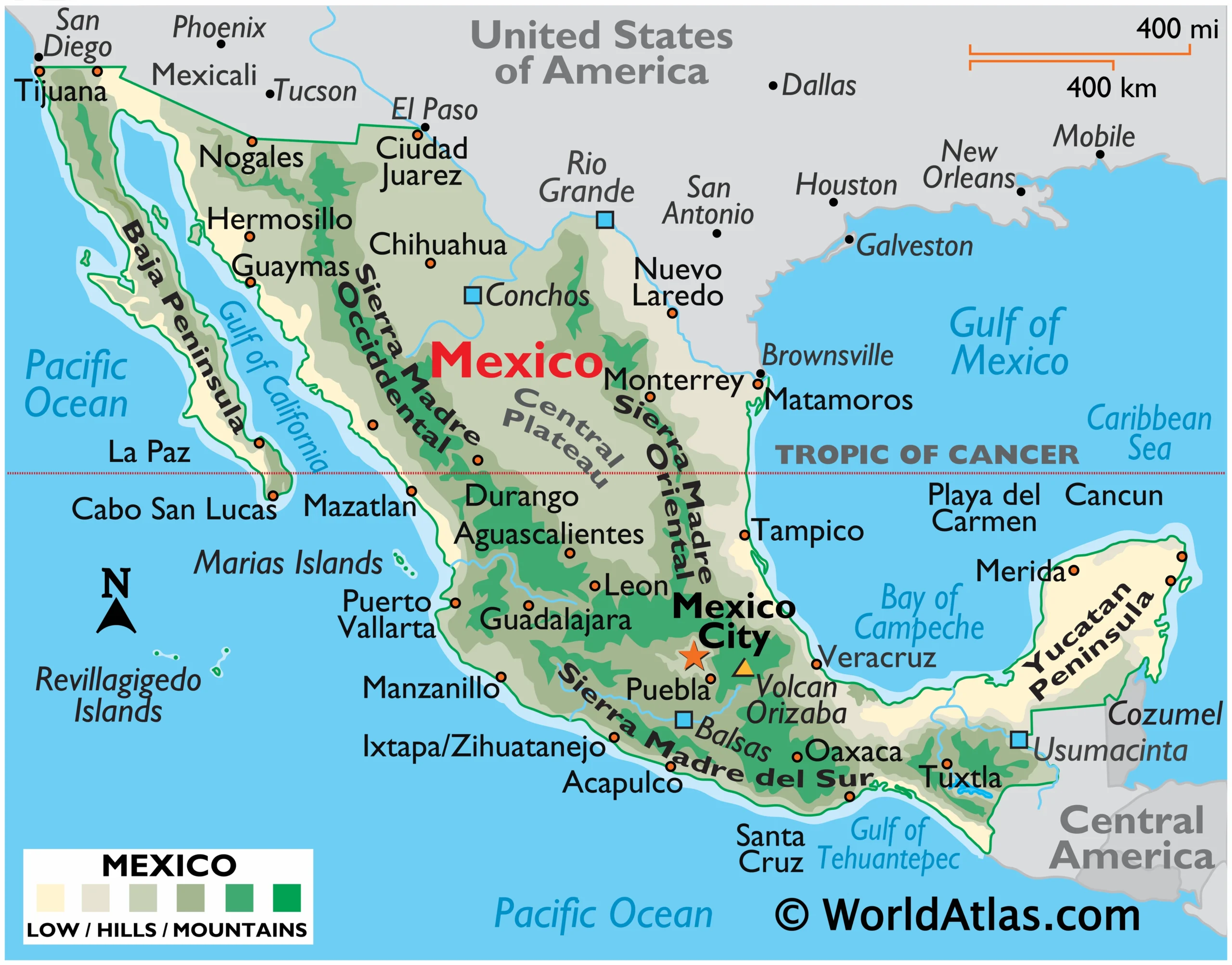Bản đồ vật lý chi tiết của Mexico
