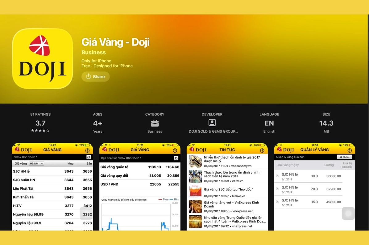 Giao diện thông báo biến động giá vàng