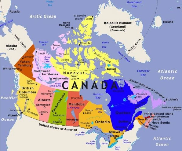 Bản đồ thế giới với vị trí Canada được đánh dấu