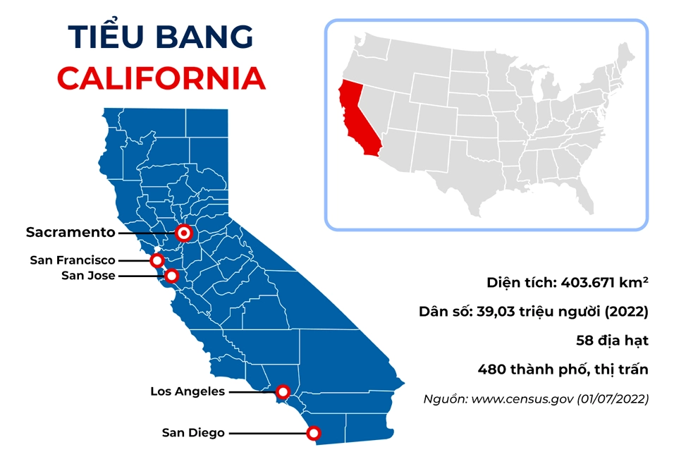 Bản đồ vị trí bang California tại Hoa Kỳ