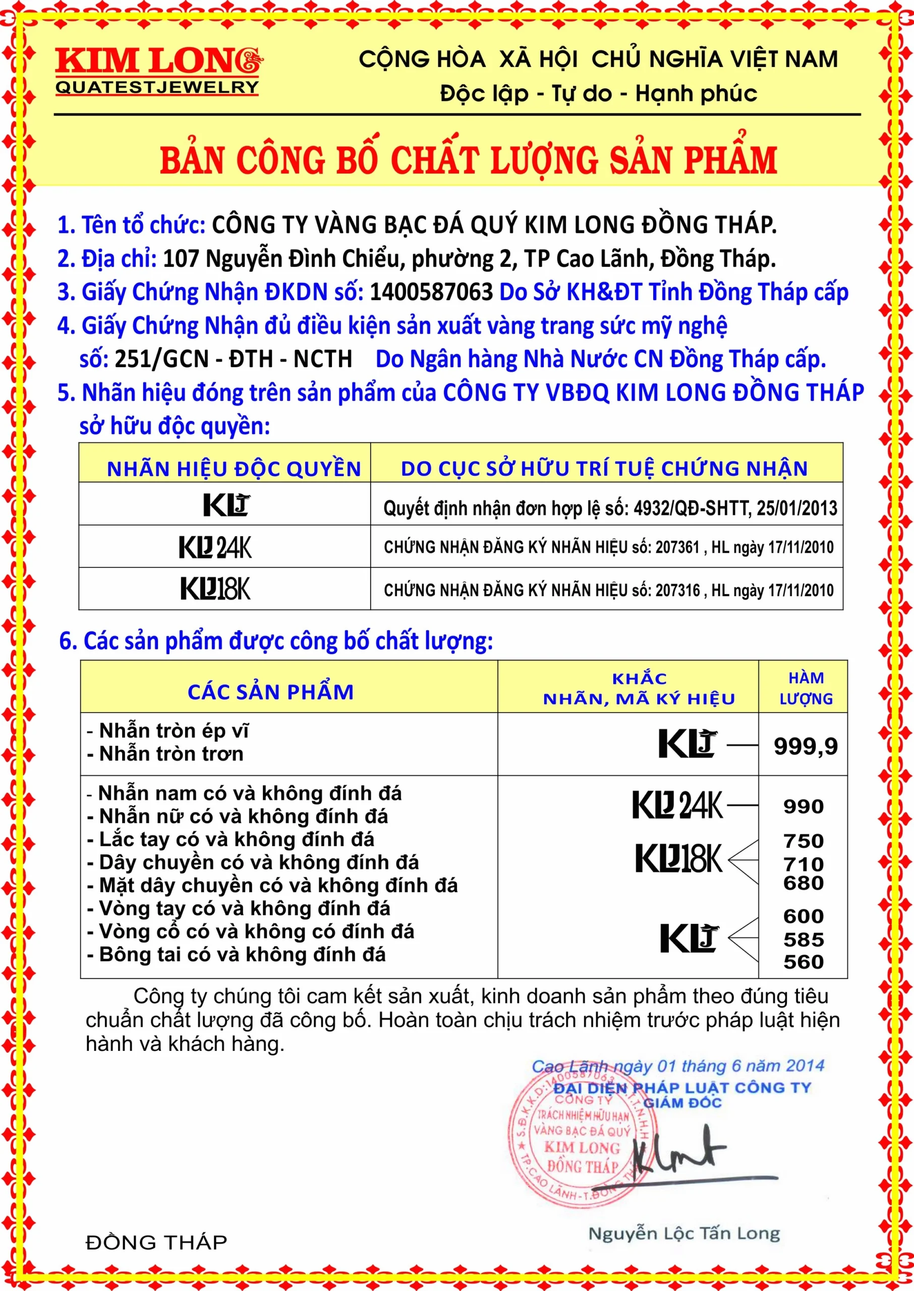 Bảng công bố chất lượng sản phẩm vàng Kim Long Đồng Tháp