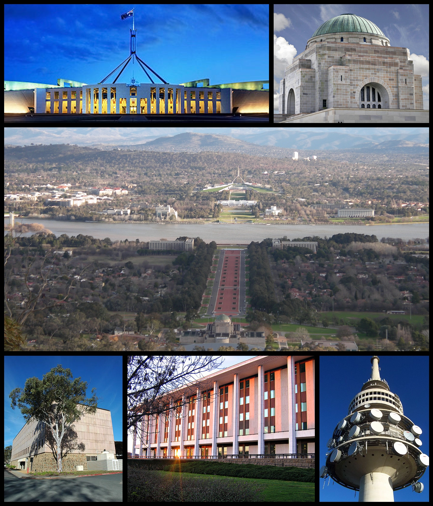 Khung cảnh đa dạng của Canberra, bao gồm Tòa nhà Quốc hội và Hồ Burley Griffin