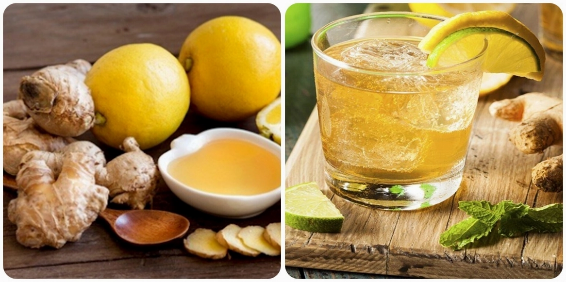 Ly nước chanh gừng mật ong với lát chanh và gừng