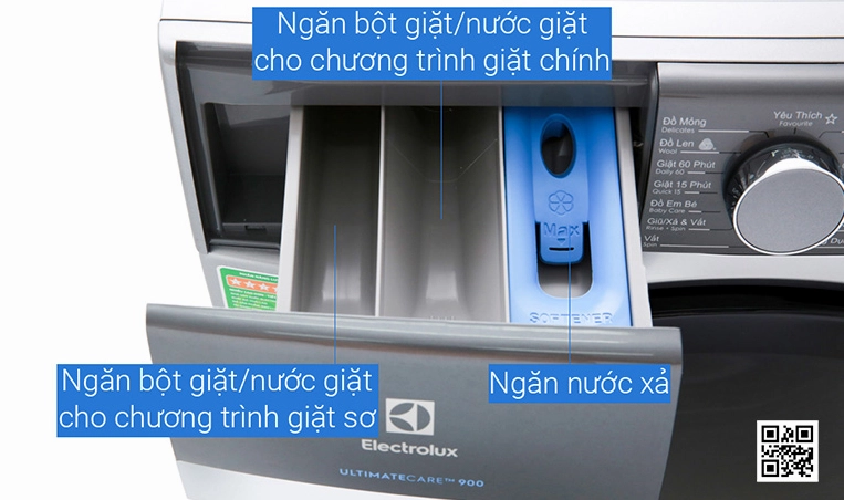 Vị trí các ngăn chứa trên máy giặt cửa ngang